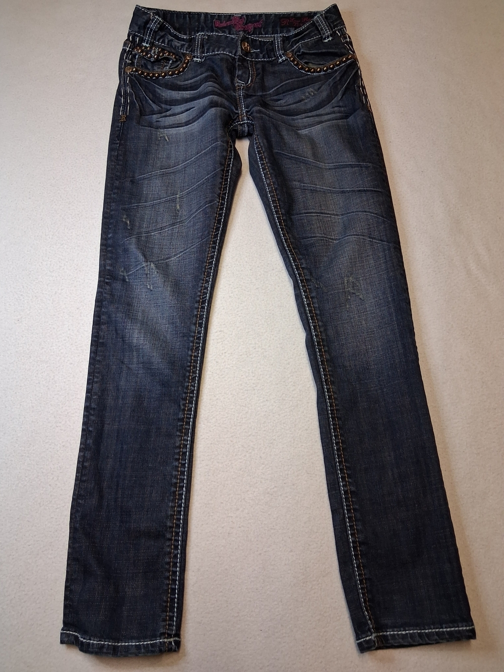 Rock & Roll Cowgirl Dark Blue Boot Cut Jeans with Studded Pockets
